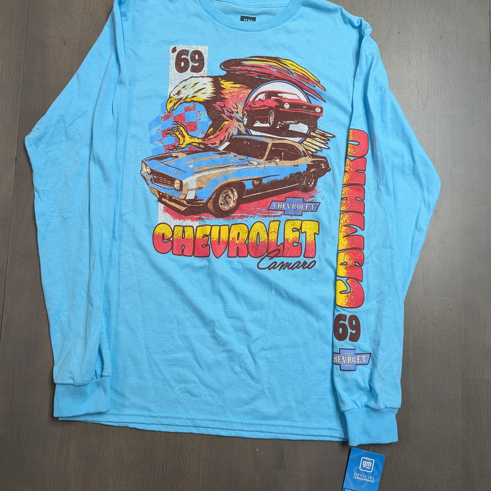 GM General Motors Blue Long Sleeve Tee with Vintage Car Design